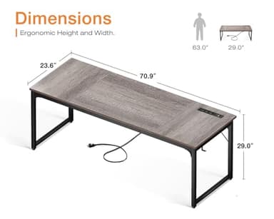 Coleshome 71 x 24 Inch Computer Desk with USB Ports, Large Office Desk, Long Study Student Writing Desk, Grey Oak - Image 3