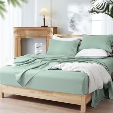 PHF Cooling Sheets Set King Size, Rayon Derived from Bamboo & Polyester, Breathable & Wrinkle Free Silky Soft Bedding Sheets, Wider Elastic Band, 16" Deep Pocket Bedding Set & Pillowcase, Sage Green - Image 8