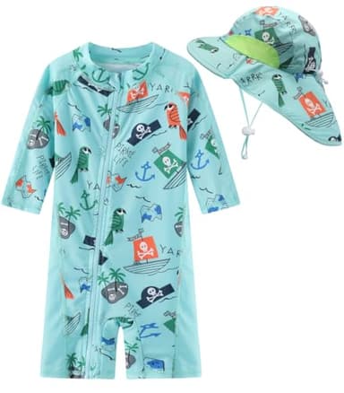 Toddler Baby Boys Swimsuit Rashguard One Piece Zipper Bathing Suit with Sun Hat Infant Swimwear Sunsuit UPF 50+（Pirate，18-24 Months） - Image 1