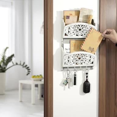 JAZUIHA Mail Organizer with Key Holder,2-Slot Mail Holder with 4 Key Hooks for Wall Decorative, Wooden Hanging Organizer for File Letter in Shelf Home Farmhouse Decor for Entryway Office - Image 6