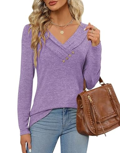 FMEYOA Women's Fall Long Sleeve Tunic Tops for Leggings V Neck Button Casual Blouse Sweatshirt(Purple,XX-Large) - Image 5