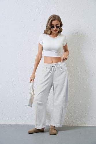SeekMe Women's Barrel Leg Sweatpant Drawstring Elastic Waisted Wide Leg Pants Casual Cotton Palazzo Trousers with Pockets (0009-White-S) - Image 5