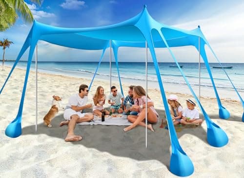 Rhino Valley Beach Tent, 10 x 10 FT Beach Shade UPF50+ Protection, Beach Canopy with 8 Sandbags 4 Stability Poles, Outdoor Beach Tent Sun Shelter Umbrella for Sand,Camping,Fishing Essentials, Sky Blue - Image 1