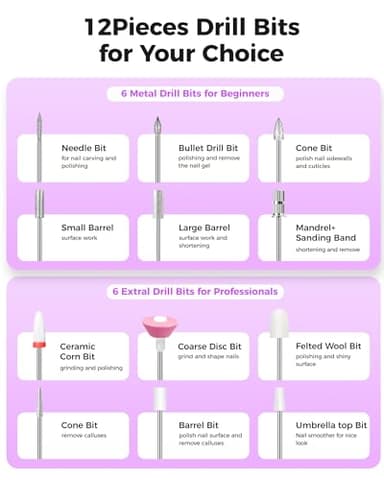 Yomanta Electric Nail Drill Professional Kit: 45,000 RPM USB Rechargeable Efile Nail Drill Nail File with 12 Bits for Polishing Gel/Acrylic Nails- Portable Manicure Tool Set for Salon/Home-Black - Image 6