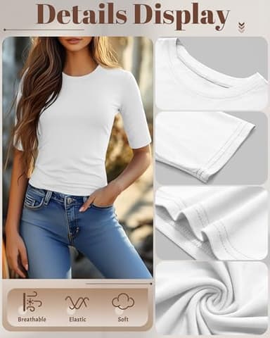 Riyiper 3 Pack Elbow Length Tee Shirts for Women 1/2 Half Sleeve Tops Crewneck Cotton Slim Fit Casual Summer Basic Tee(Black, White, Light Gray,M) - Image 4