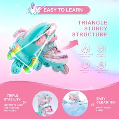 HYKID Toddler Roller Skates 4 Adjustable Sizes Fun Illuminating Safety Three-Point Type Breathable Upper Beginner Roller Skates for Girls Kids Butterfly Small 11-1 - Image 5