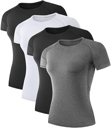 TELALEO 4 Pack Women's Compression Shirt Running Athletic T-Shirts Workout Tops Baselayer Short Sleeve Yoga Gym Sports Gear 2Black/Grey/White XL - Image 1