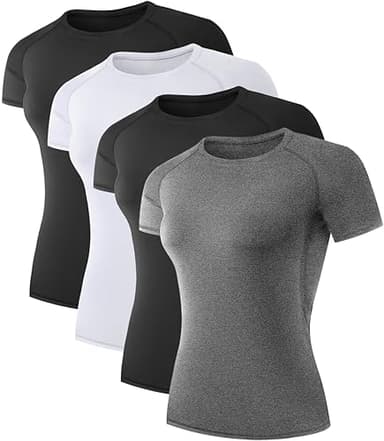 TELALEO 4 Pack Women's Compression Shirt Running Athletic T-Shirts Workout Tops Baselayer Short Sleeve Yoga Gym Sports Gear 2Black/Grey/White XL - Image 1