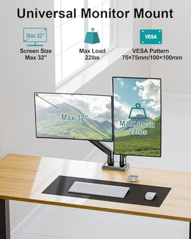 Dual Monitor Arm Desk Mount Fits 13 to 32 inch Computer Screens, Holds 4.4 to 22lbs Display VESA Mount, Adjustable Double Monitor Stand with Clamp/Grommet Base, 75/100mm Bracket, Black, Freelift - Image 2