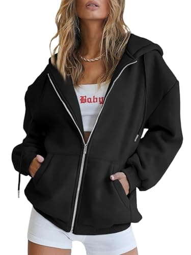 Trendy Queen Womens Zip Up Hoodies Oversized Sweatshirts Fall Fashion Outfits Sweaters Casual Jackets 2024 Winter Clothes Black M - Image 1
