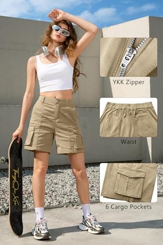 IVIR Bermuda Shorts for Women Cargo Shorts 7 Inch Inseam Knee Length Y2K Summer Outfits Streetwear Khaki Large - Image 2