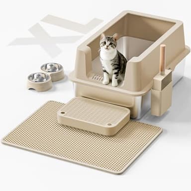 Stainless Steel Cat Litter Box - Enclosed XL Metal Kitty Litter Box with Lid for Big Cats, High Sided, Anti-Leakage, Easy Cleaning, Non-Sticky, Included Spoon & Aisle (Khaki - Image 3