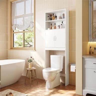 Yaheetech Over The Toilet Storage, Taller Bathroom Organizer Space-Saving Storage Cabinet with Adjustable Shelves and Double Doors, 77 in H, White - Image 1