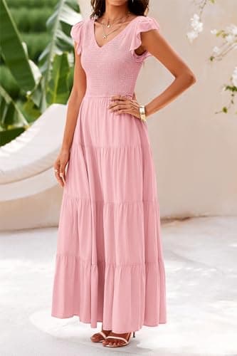PRETTYGARDEN Women's Summer Flowy Maxi Dress Casual Cap Sleeve V Neck Smocked Beach Sundress (Solid Pink,Medium) - Image 7
