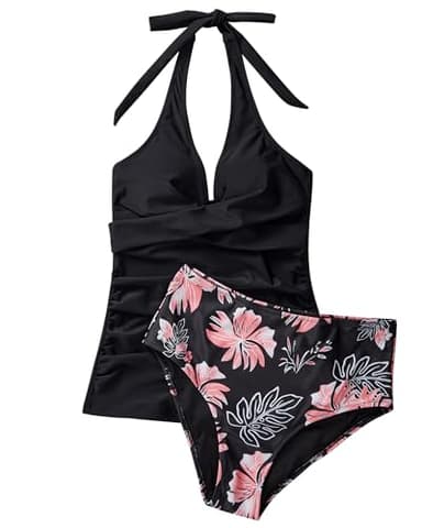 SUUKSESS Women Sexy Halter Tankini Bathing Suits Slimming Tummy Control High Waisted Swimsuits 2 Piece (Vintage Floral Black, L) - Image 2