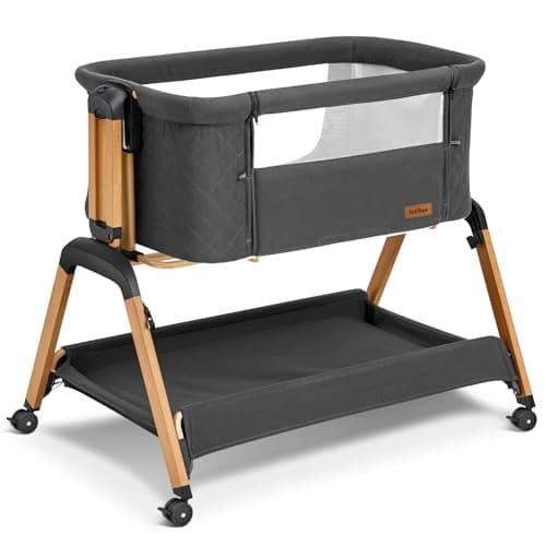 TotRun Bassinet Bedside Sleeper, Rocking Bassinets with Comfy Mattress and Wheels for Newborn, 5-Height Adjustable (Black)