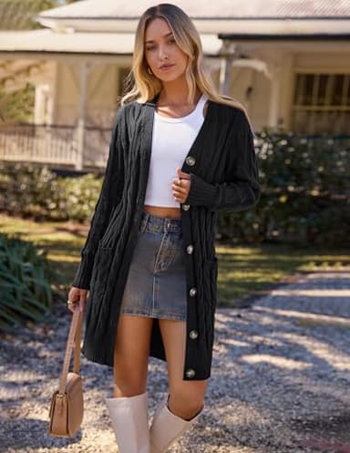 MEROKEETY Women's 2025 Long Sleeve Cardigan Sweater Fall Winter Cable Knit Open Front Button Long Outerwear, Black, XL - Image 2