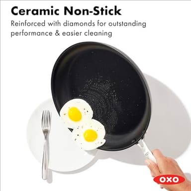 OXO 12” Nonstick Frying Pan Skillet, Enhanced PFAS-Free Ceramic Nonstick, Durable Hard Anodized Cookware, Scratch Resistant, Good Grips, Easy Clean Dishwasher Safe, Oven Safe, Drip Free Pours, Black - Image 2
