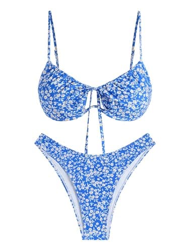 ZAFUL Women High Cut Bikini Sets String Sexy Swimsuit Two Piece Underwire Bathing Suit Brazilian Cheeky Cut Out Cute Swimwear Blue Flower L - Image 2