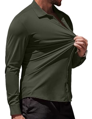 COOFANDY Men's Button Down Shirt Casual Dress Shirts Wrinkle Free Muscle Fitted Shirt Olive Green - Image 2