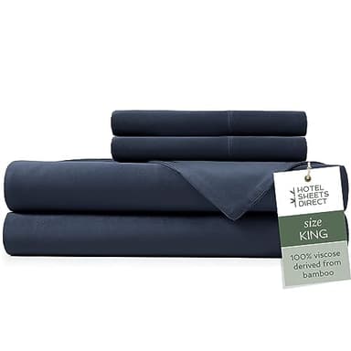Hotel Sheets Direct 4 Piece Bed Sheet Set King, 100% Viscose Derived from Bamboo Sheets Set with 2 Pillowcases, Cooling & Breathable Luxury Bedding, Moisture-Wicking & Silky Soft Texture, Navy Blue - Image 1