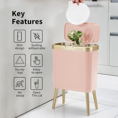 Procade Bathroom Trash Can with Lid, 4 Gallon Pink Garbage Can, Tall Plastic Trash Bin with Push Button, Slim Gold Trash Can Waste Basket for Room, Bedroom,Office,Kitchen - Image 2