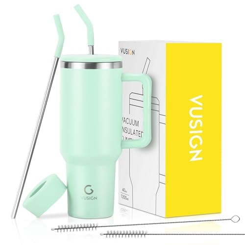 VUSIGN 40 oz Tumbler with Handle and Straw Lid, Stainless Steel Vacuum Insulated Tumbler Travel Mug Water Bottle Cup for Water Iced Tea Coffee Smoothie Car, Light Green - Image 1