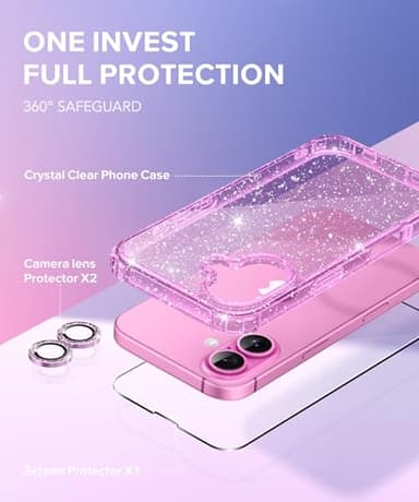 BERFY for iPhone 16 Plus Case Glitter, with 9H Tempered Screen Protector + 2X Diamond Camera Lens Protectors, [Non-Yellowing] Women Clear Sparkly Cute Bling Hard Shockproof Cover 6.7", Shiny Purple - Image 8