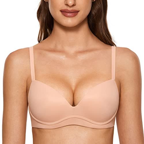 DOBREVA Women's Push Up Bra No Underwire Comfortable Wireless Bras Padded Plunge Blush Beige 32C - Image 1