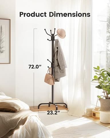 Pipishell Coat Rack with 14 Hooks, Freestanding Coat Rack Stand for Entryway, Hallway, Bedroom, and Office, Metal Coat Tree & Hat Rack for Coats, Hats, and Bags, Brown - Image 6