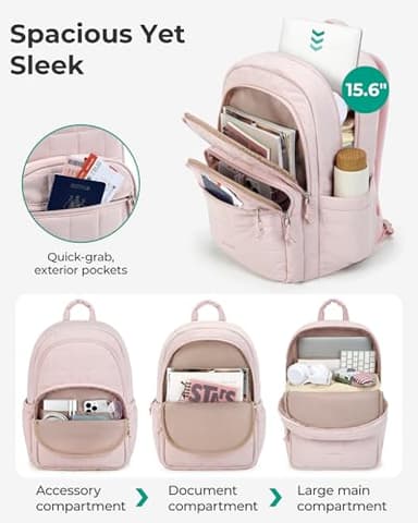 BAGSMART College Laptop Backpack, Travel Laptop Backpack for Women, Quilted Casual Daypack, Water-Resistant Bookbag for 15.6 Inch Laptop, Pink - Image 2