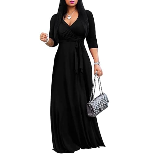 FANDEE Plus Size Maxi Dress for Women - Casual Summer Sundress V-Neck 3/4 Sleeve Solid Black XL - Image 1
