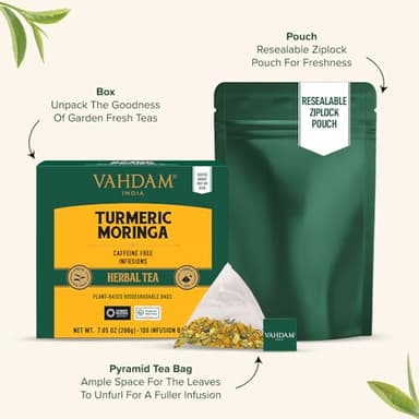 VAHDAM, Turmeric Moringa Tea Bags (100 Herbal Tea Bags) Caffeine Free, Non GMO | 100% Pure Herbal Blend - Sweet & Earthy | Resealable Ziplock Pouch - Image 3