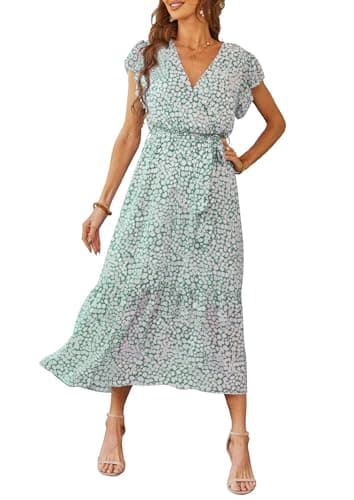 PRETTYGARDEN Women's Summer Floral Boho Dress Wrap V Neck Short Sleeve Ruffle A-Line Flowy Maxi Wedding Guest Dresses (Green_01,Large) - Image 1