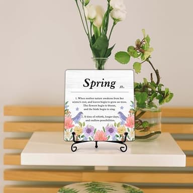 seclate Spring Decor, Spring Definition Wooden Sign, Spring Floral Desk Wood Decor with Iron Stand, Ideal Gifts Desk Decorations for Home Office Bedroom Shelf Table Centerpieces - B01 - Image 7
