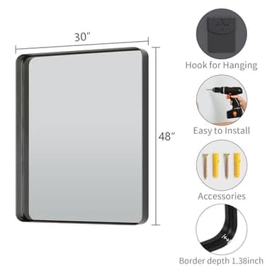 Koonmi Black Wall Mirror for Bathroom, 30x48 Inch Matte Deep Framed Rounded Rectangle Vanity Mirror for Farmhouse Living Room, Tempered Glass, Anti-Rust, Vertically or Horizontally - Image 2