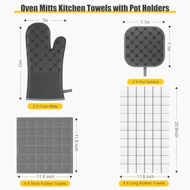 Oven Mitts Kitchen Towels Dishcloths with Pot Holders Sets 12PCS, Dish Towels Sets, Oven Gloves Pot Pads Heat Resistant 500 Degrees with Non-Slip Silicone Surface for Cooking Baking Grilling-Gray - Image 3