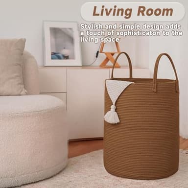 JMvicyroam Large Woven Laundry Basket Hamper,60L Cotton Rope Storage Bin for Blankets,Toys and Clothes,Decorative Tall Nursery Hamper for Living Room,Baby Nursery,Bathroom and Bedroom,Golden Jute - Image 3