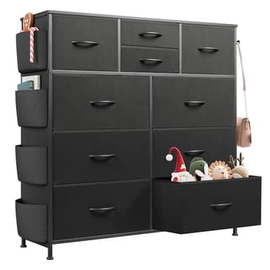 WLIVE Dresser for Bedroom with 10 Drawers, Fabric Dresser Chest of Drawers with Side Pockets and Hooks, Sturdy Metal Frame, Drawers Organizer Unit for Living Room, Hallway, Black - Image 1