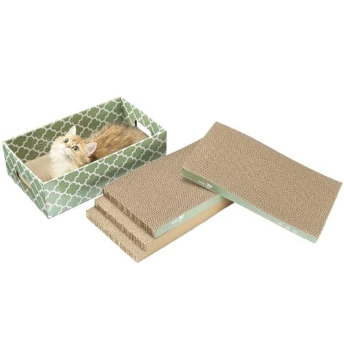 MECOOL Cat Scratching Board，5PC Cat Scratch Pad with Box，Reversible Corrugated Cat Scratcher Cardboard and Lounge Bed for Indoor Cats, Catnip - Image 1