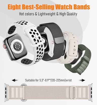 8 Pack Compatible with Apple Watch Ultra 2 Band 49mm 46mm 45mm 44mm Men Women,Breathable Silicone+Milanese Loop+Sport Band+Sport Loop for iWatch Ultra2/Ultra Series 10 46 mm/9/8/7/6/SE/5/4/3 - Image 2