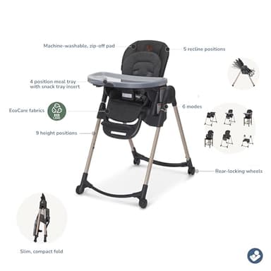 Maxi-Cosi Minla 6-in-1 High Chair for Babies & Toddlers, Portable Foldable Highchair, EcoCare Fabric, 9 Heights, 5 Reclines, 4 Tray Positions, Classic Graphite - Image 5
