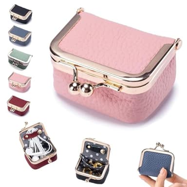 noxozoqm Genuine Leather Mini Jewelry Box,Mini Jewelry Organizer for Women,Portable Vintage-inspired Genuine Leather Coin Purse Jewelry Case with Kiss Lock,Mini Travel Jewelry Case Organizer (Pink) - Image 1