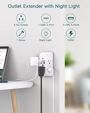 Surge Protector, Outlet Extender with Night Light, Addtam 5-Outlet Splitter and 4 USB Ports(1 USB C), Multi Plug Wall Outlet for Home Office Dorm Room Essentials - Image 2
