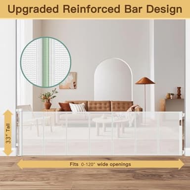 Reinforced 120 Inch Retractable Baby Gates for Doorway, Bottom Anti-Crawl 10 Foot Extra Long Baby Gate, Indoor/Outdoor Retractable Dog Gate for Doorway, Extra Wide Pet Gates for Wide Openings, White - Image 2