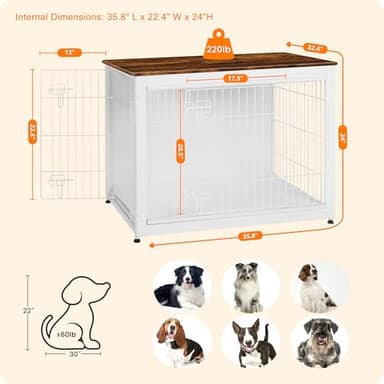 DWANTON Dog Crate Furniture with Cushion, Wooden Kennel Table with Double Doors, Indoor Dog House, Large Size, 38.5" L, White+Rustic Brown - Image 3