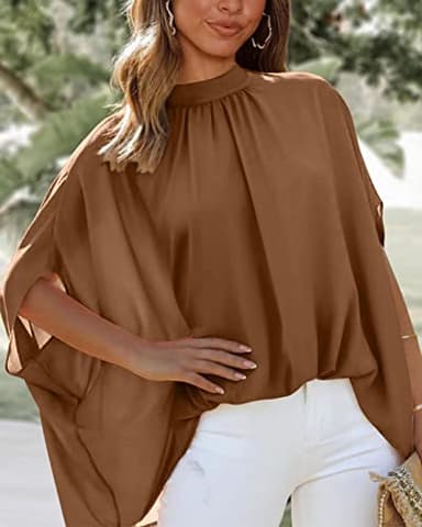 BTFBM Womens Summer Tops 2025 Fall Mock Neck Batwing Sleeve Shirts Loose High Low Hem Oversized Dressy Casual Blouses(Brown, X-Small) - Image 3