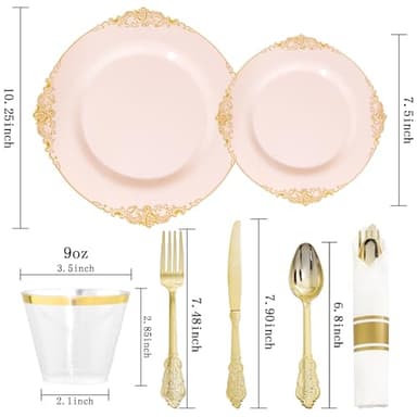 Nervure 175PCS Pink Plastic Plates - Disposable Pink Gold Party Plates & Pre Rolled Napkins with Cutlery for 25 Guests, 50Plates, 75Silverware, 25Cups, 25Napkin for Wedding & Party - Image 7