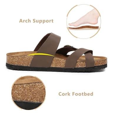 Yozuru Womens Cork Footbed Sandals Comfort Open Toe Slides Adjustable Buckle Beach Summer Flat Sandals with Arch Support - Image 2