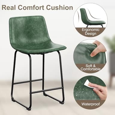 REONEY Bar Stools Set of 2, 26inch PU Leather Counter Height Bar Stools, Modern Barstools with Metal Legs and Footrest, Urban Armless Dining Chairs with Backrest for Kitchen Island (Green) - Image 8